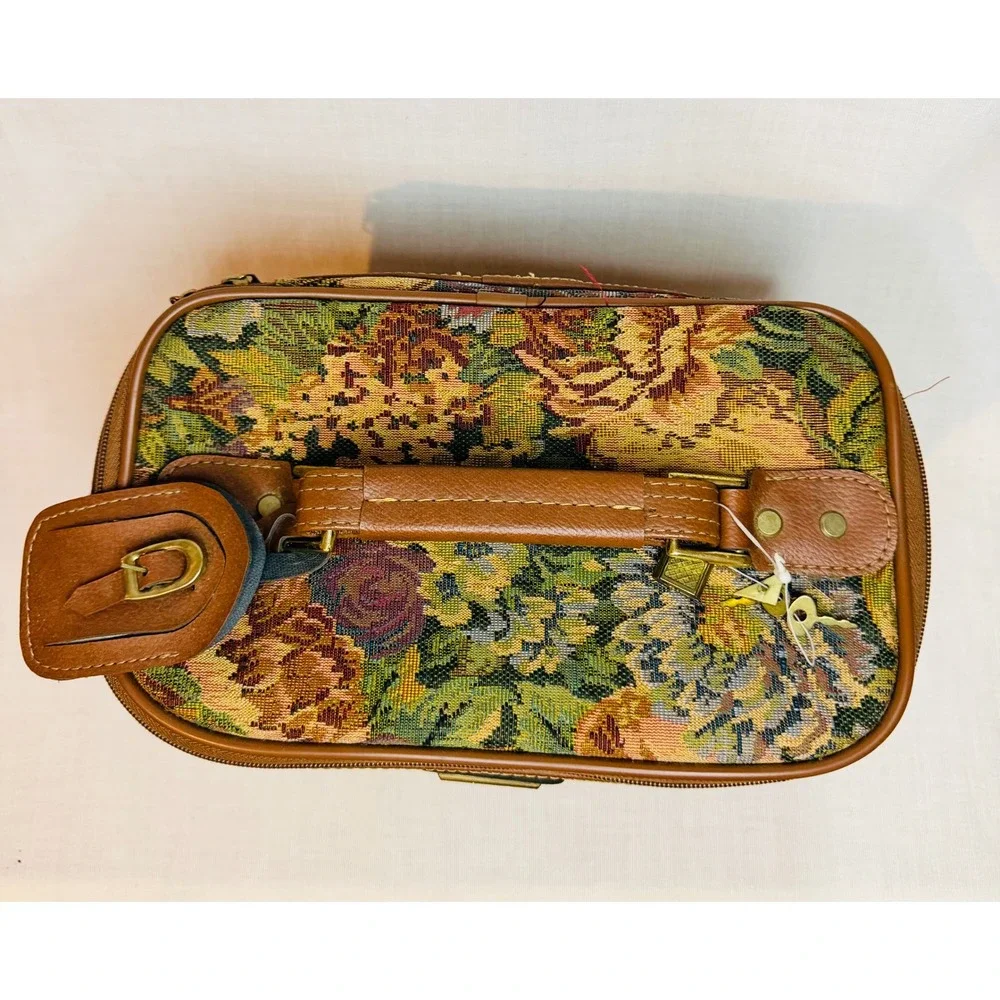 Ciao Vintage Floral Tapestry Train Case Makeup Bag Vanity Travel Luggage Brown